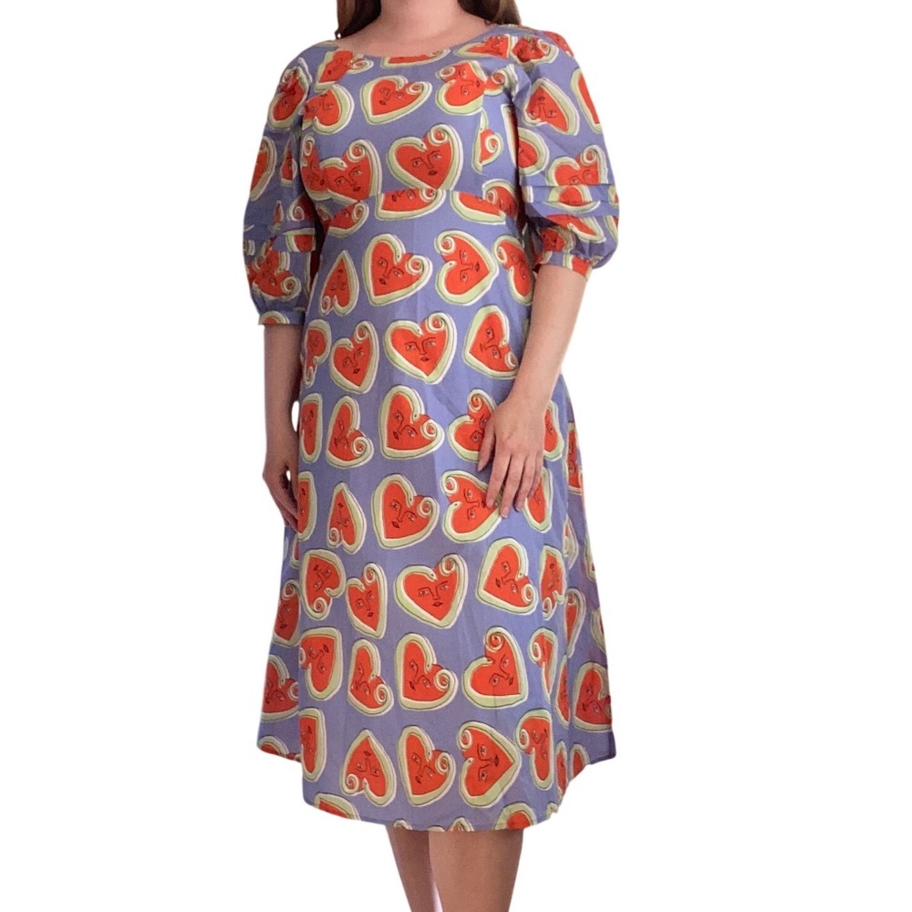 Gorman Purple Orange Face Heart Snake Print Midi Dress Puff Sleeve Artsy Unique